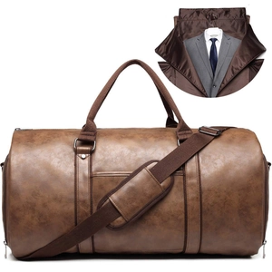 Vintage brown leather garment duffel bag for men showing convertible suit storage function
