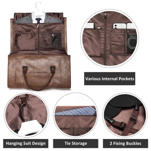 Brown leather convertible garment bag for travel with suit hanging area and multiple pockets