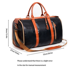 Large PU leather travel duffel bag in black and tan with dimensions 52x27x34cm