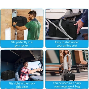 Black 14-inch gym bag shown in gym locker, airplane, truck cabin and street settings