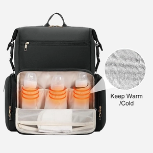 Waterproof black diaper backpack with insulated front pockets for three baby bottles