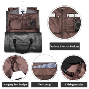 Convertible leather garment bag for suits with multiple pockets and hanging design