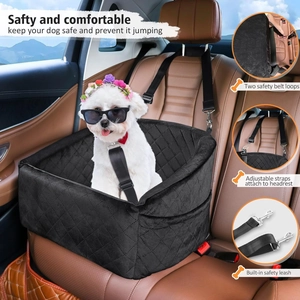 Waterproof black quilted velvet pet car booster seat with safety straps and leash