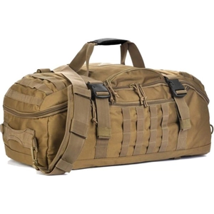 Tactical duffel bag in coyote brown featuring MOLLE webbing system for outdoor hiking