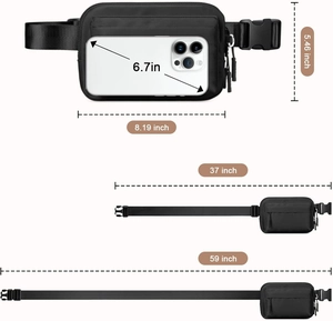Detail showing adjustable strap from 37 to 59 inches and 6.7 inch phone storage capacity