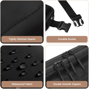 Waterproof outdoor sports waist bag in black with durable buckles and dual zippers