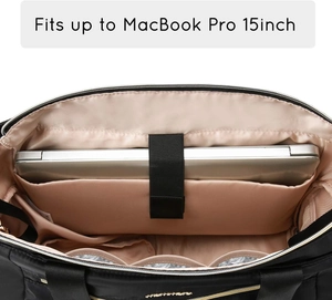 Detail of laptop bag interior with pink satin lining and 15-inch computer compartment