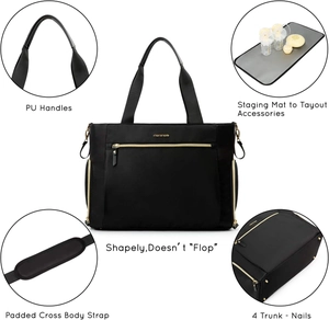 Detail view of durable nylon diaper bag with PU handles, gold studs, and accessories