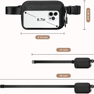 Waterproof nylon fanny pack showing 8.19 inch dimensions and adjustable strap length