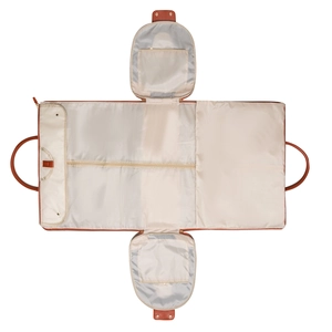 Brown PU leather travel garment bag with folding suit storage and shoe pockets