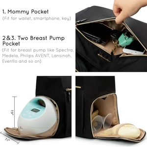 Multifunctional waterproof black nursing bag with specialized compartments for breast pumps