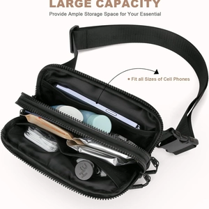 Waterproof black nylon waist bag with three zip pockets and large capacity storage