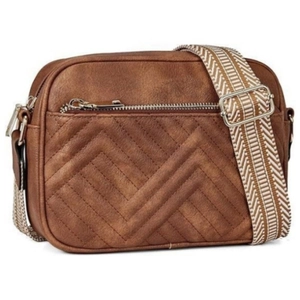 Close-up of brown PU leather crossbody bag featuring V-shaped quilting and wide woven strap