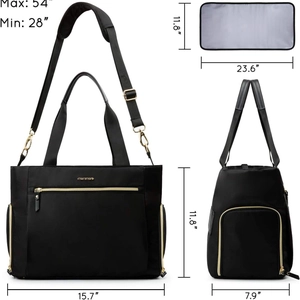 Waterproof nylon diaper bag with gold hardware and adjustable strap in black finish