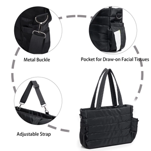 Detail der schwarzen gesteppten Wickeltasche mit Metallschnalle, Taschentuchfach und Gurt