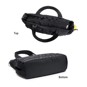 Draufsicht und Bodenansicht der schwarzen gesteppten Wickeltasche aus Nylon mit Zipper