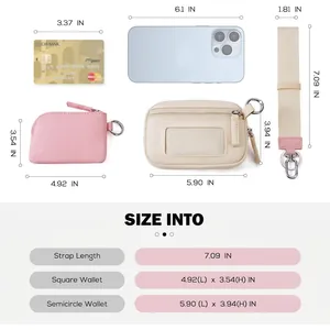 Waterproof nylon wristlet wallet set with pink and beige pouches including size information