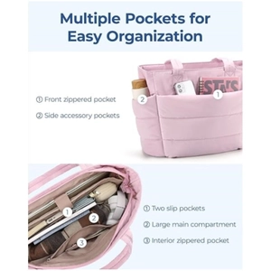 Pink quilted tote bag detail showing multiple pockets and spacious interior structure