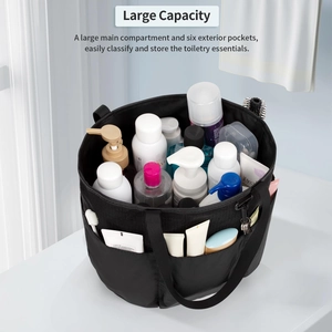 Large capacity black mesh shower caddy tote with seven storage pockets for toiletries