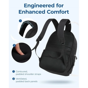 Black travel backpack with cushioned shoulder straps and breathable back panel
