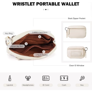 Internal layout showing RFID card slots and mesh pocket of the beige wristlet pouch