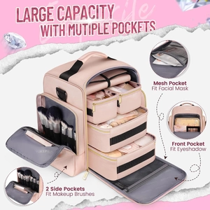 Pink large capacity travel makeup organizer with removable pouches and jewelry roll