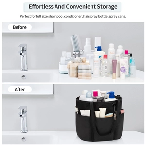 Before and after macro view of mesh shower caddy organizing bathroom toiletries