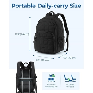 Black quilted travel backpack with 17.3 x 11.8 x 7.9 inch dimensions and luggage strap