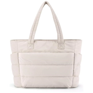 Close-up of beige quilted puffer tote bag with side pockets and padded top handles