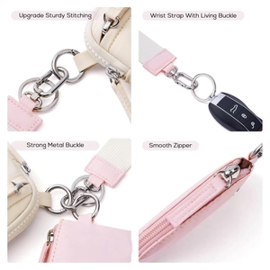 Waterproof nylon mini pouch with wrist strap and metal keychain in pink and beige
