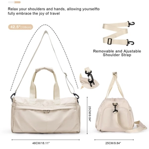 Vues détaillées du sac de sport beige avec dimensions et bandoulière réglable amovible