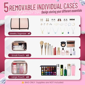 Pink travel makeup organizer set with 4 detachable pouches and a jewelry roll