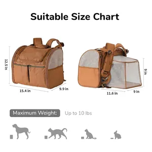 Expandable breathable pet backpack for cats up to 10 lbs with detailed size chart