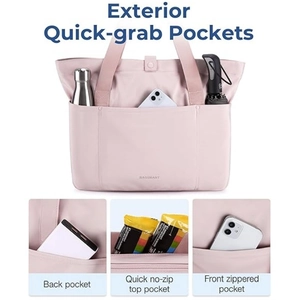 Pink foldable tote bag with zipper and multiple exterior quick-grab pockets for storage
