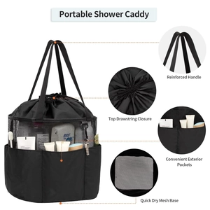 Black mesh shower caddy tote with reinforced handles and multiple storage pockets