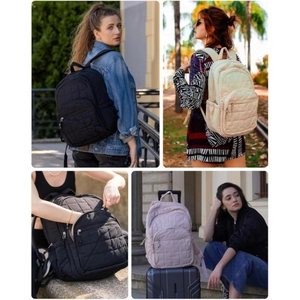 Quilted backpack close-up showing large capacity and multi-pocket design for travel