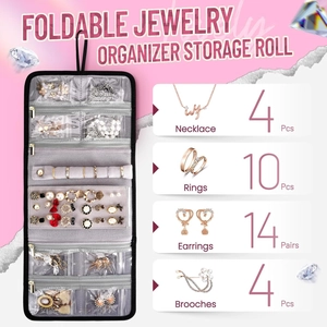 Detail showing foldable jewelry organizer with capacity for necklaces, rings and earrings