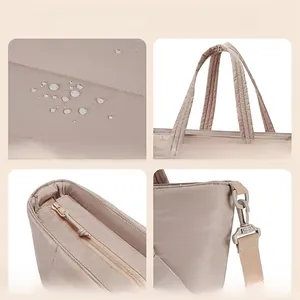Detail showing waterproof fabric, sturdy handles, metal zipper, and detachable strap of tote bag