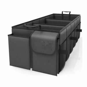 Foldable car trunk organizer with large compartments and side pockets in black oxford cloth