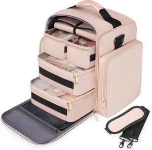 Macro detail of multi-layer pink makeup organizer with detachable boxes and shoulder strap