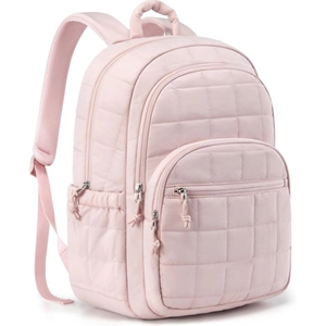 Detail of pink quilted backpack showing multi-zipper compartments and side storage pockets