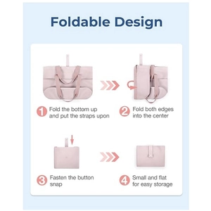 Pale pink foldable tote bag shown in four steps demonstrating small and flat storage