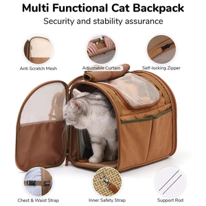 Macro view of expandable pet backpack featuring breathable mesh and six key safety functions