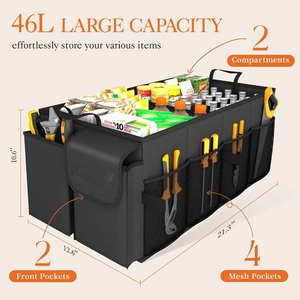 Macro detail of a 46L car trunk organizer with dual compartments and yellow handles