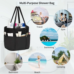 Mesh shower caddy with multiple pockets and top handle shown in six usage scenarios