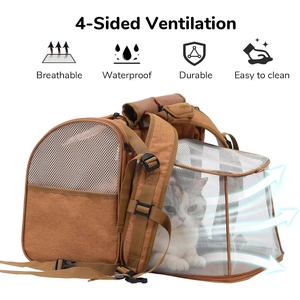 Expandable brown canvas pet backpack with breathable mesh and spacious interior for cats