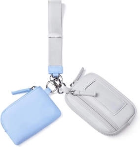Macro detail of waterproof nylon coin purse and card holder with gray lanyard