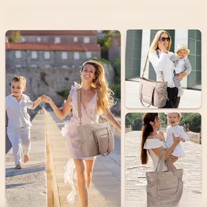 Outdoor diaper tote showing three carrying modes as crossbody, shoulder, and handbag