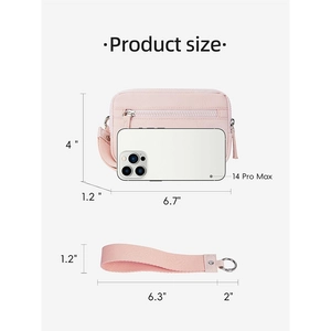 Pink quilted nylon mini wristlet wallet with multi-zipper pockets and size dimensions