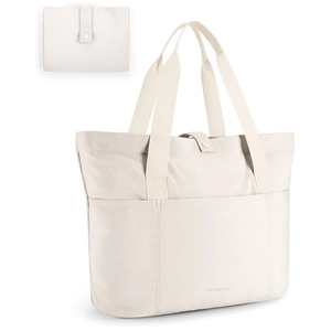 Detailed view of the foldable beige tote bag showing both open and collapsed states